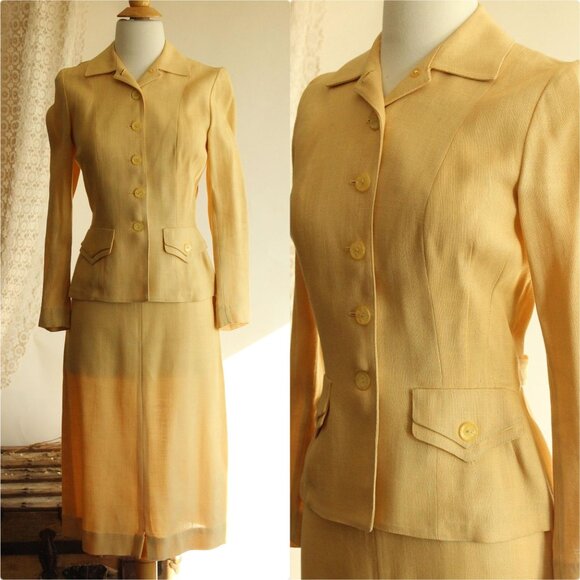 Vintage 1940s Suit, Arthur Jay Yellow Linen Two Piece Skirt And Jacket - Picture 1 of 11